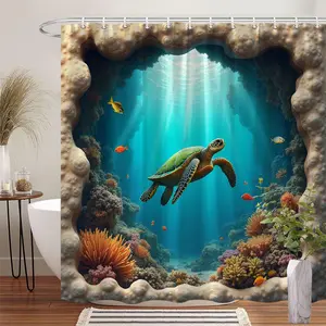 Sea Turtle Underwater Shower Curtain - Vibrant Coral Reef & Marine Life Design with Green Sea Turtle, Sunlight Filtering Ocean Scene, Beige Coral Frame, Durable Polyester Fabri