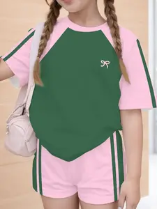 Girls' Casual Two-Piece Set, Short Sleeve T-Shirt + Side Stripe Shorts, Loose-Fitting, Outdoor School Choice, Summer Clothing Set, Summer Clothes Set