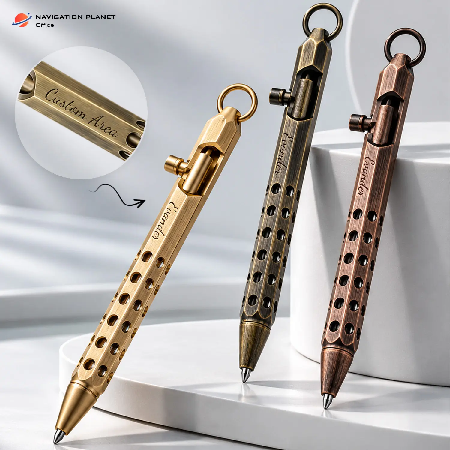 Bolt Action EDC Metal Pen, Vintage Brass Style Retractable Writing Pen with Keyring, Smooth Click Pen for Office Work School Journaling Teachers Students Gifts