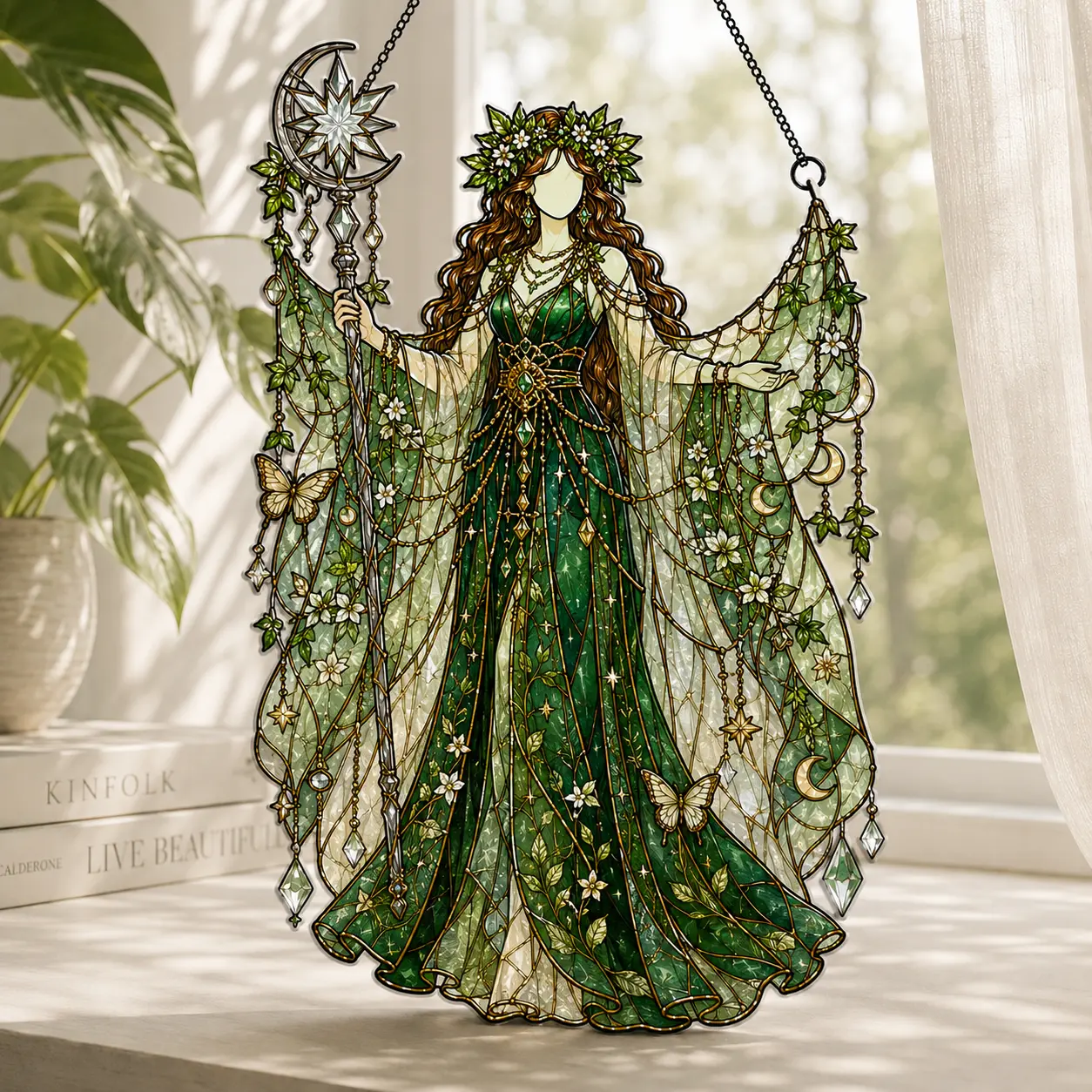 Green Forest Priestess Suncatcher, Laurel Wreath Witch with Crystal Staff, Acrylic Window Hanging Witchy Decor