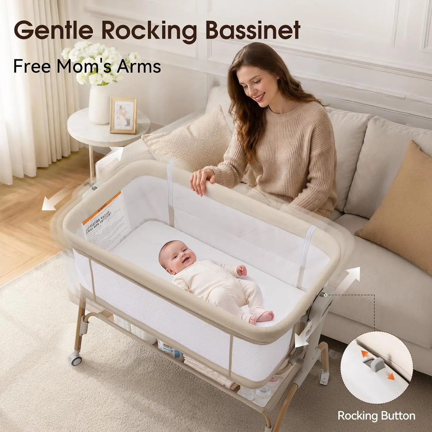 4 in 1 Baby Bassinet, Rocking Bassinet, Bedside Bassinet for Baby | Portable Crib, 8 Adjustable Heights, Lockable Wheels, Full-Mesh, Storage Basket, Bassinet Bedside Sleeper for Newborn
