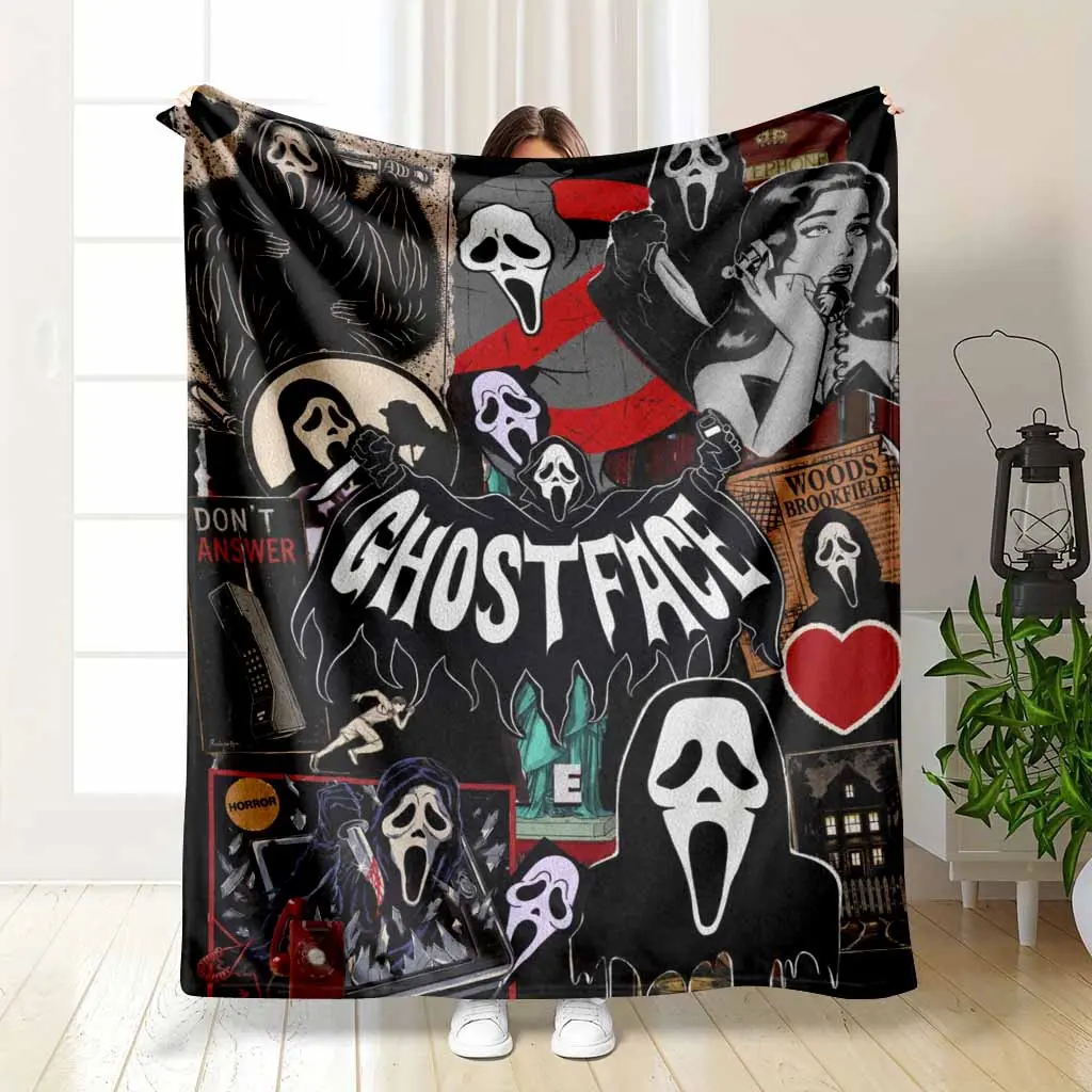 Ghostface Flannel Blanket Horror Movie Print Gothic Slasher Mask Design Soft Cozy Lightweight Warm Fade Resistant Throw for Sofa Bedroom Halloween Party Movie Night Gift