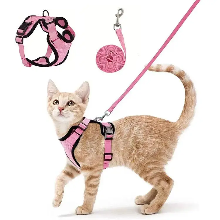 Pink Cat Adjustable Non-Slip Swivel Leash Combo with Safety Chest Mount Harness Vest, Pet Safety Leash Harnesses