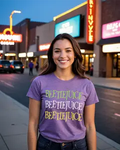 Beetlejuice Tour Tee Shirt Ready for new Release Film on Heather Purple CVC Tee