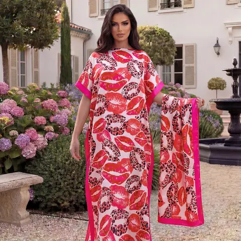 Elegant Lip Pattern Shawl Set, Long Robe with Headscarf, Sun Protection Silk Scarf, Beachwear for Women, All-Season Fashion, Beach Cover Ups, Summer Coverup, Beach Coverups