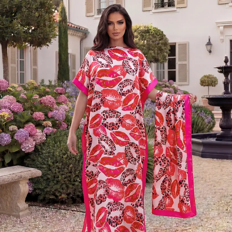 Elegant Lip Pattern Shawl Set, Long Robe with Headscarf, Sun Protection Silk Scarf, Beachwear for Women, All-Season Fashion, Beach Cover Ups, Summer Coverup, Beach Coverups