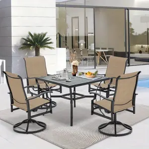 Patio Table Set, 5-Piece Outdoor Patio Furniture Set with 4 Rocking Chairs and 37.6" x 37.6" Metal Table, Patio Table and Chairs Set for Backyard, Patio, and Garden, Brown