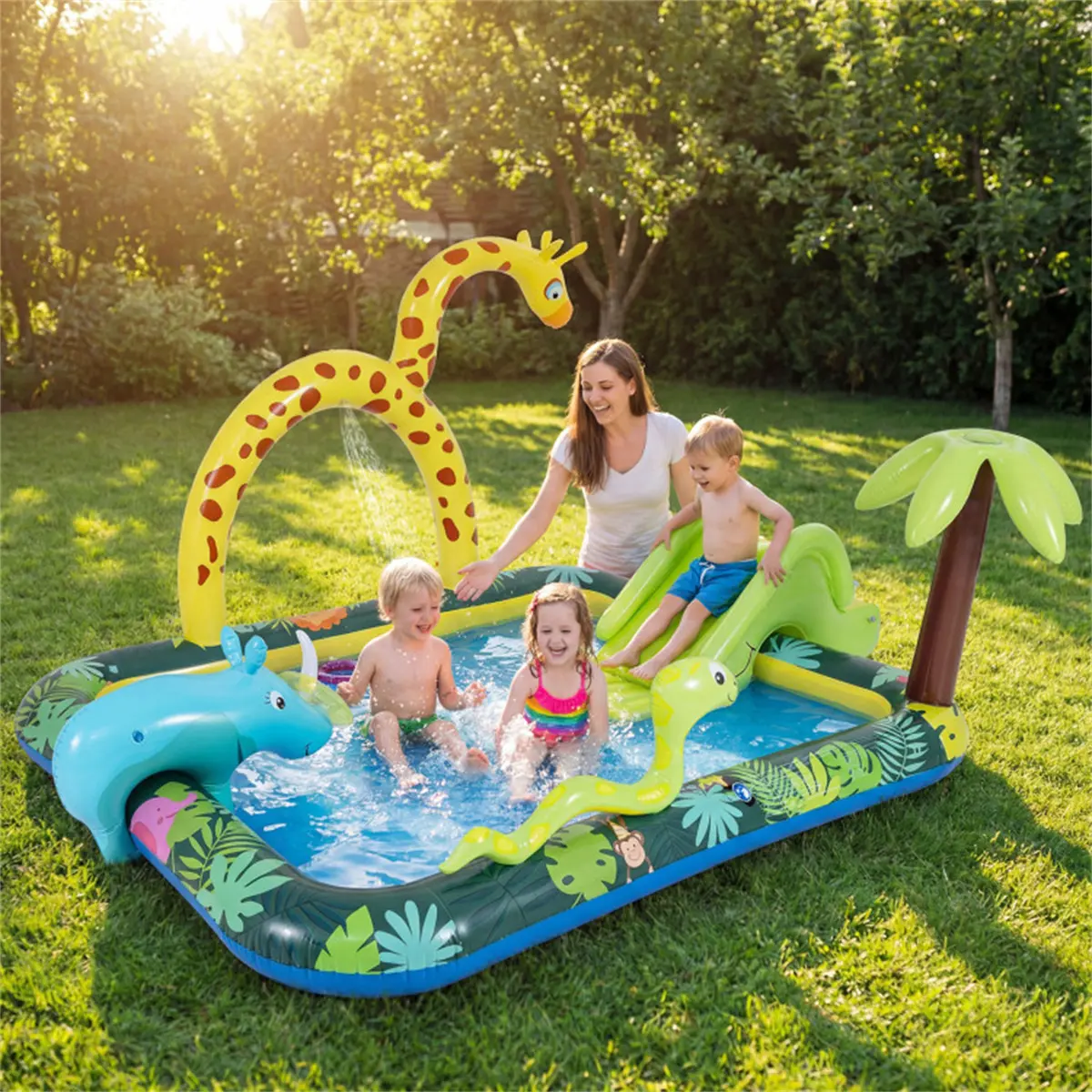 82" PVC Inflatable Kiddie Pool for Ages 2-6 - Shallow Pool with Slide, Giraffe Sprayer, Easy Setup | Backyard Water Fun Play Center for Kids