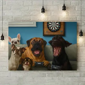 1pc Framed Dog Group Art - Pets Playing Video Games Canvas Print - Fun Decor for Game Room, Family Space - For Men Women,Wall Decor for living room kitchen room outdoor decoration, festival celebration wall decoration