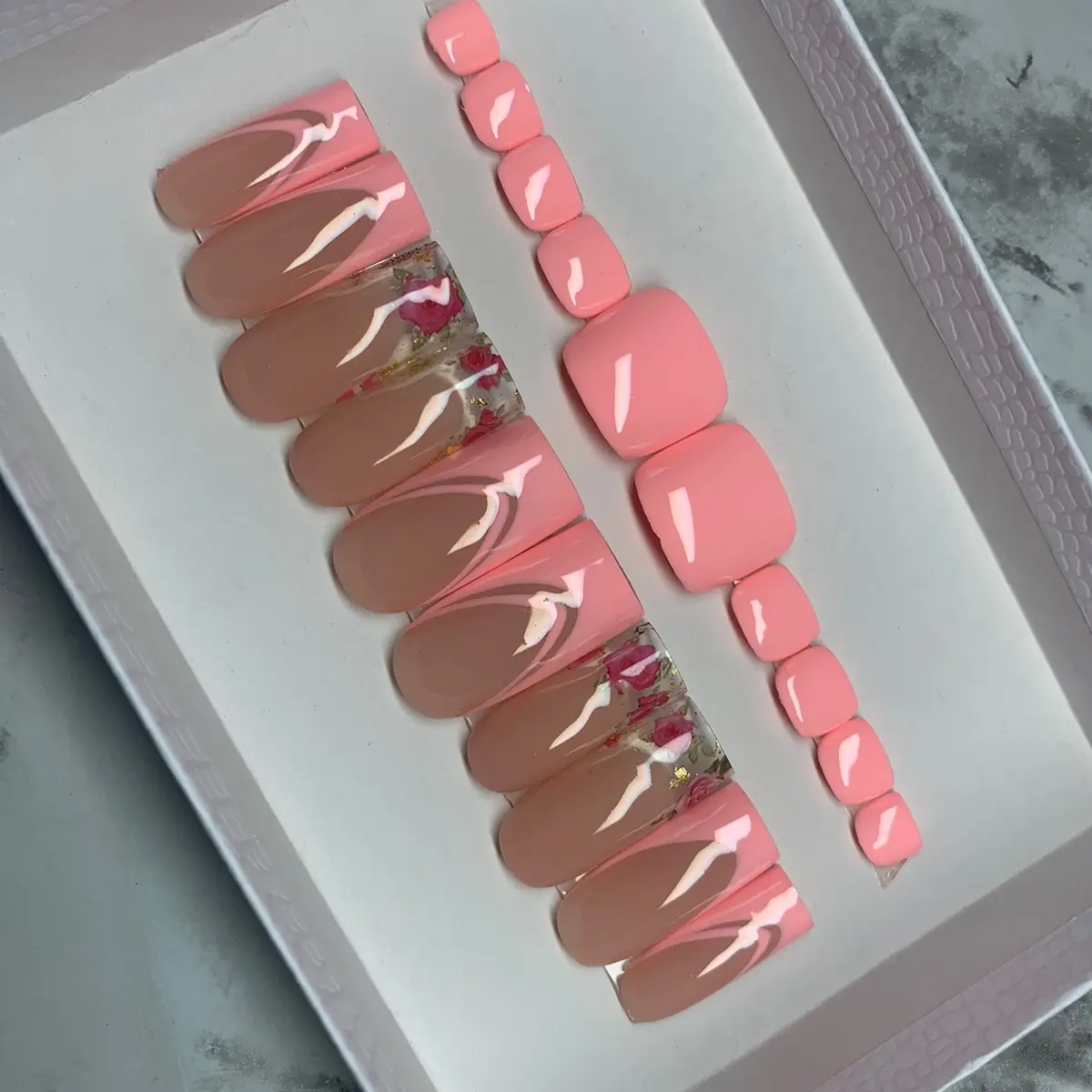 Pink French Press on set, Nail Set, Encapsulated Nails, Press on Toes