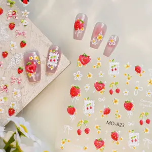 Spring Cute Nail Decals, 3D Embossed Strawberry & Floral Fruit Stickers, Self-Adhesive Easy Application Nail Decorations for DIY Acrylic Gel Manicure
