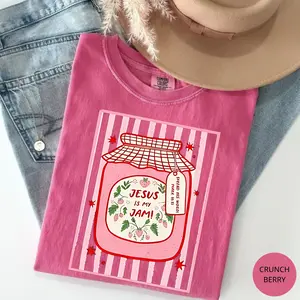 Comfort Colors Jesus Is My Jam Strawberry Jam Jar Graphic T-Shirt, Pink Tee, Gift For Christian, Gift For Women, Cotton Fabric