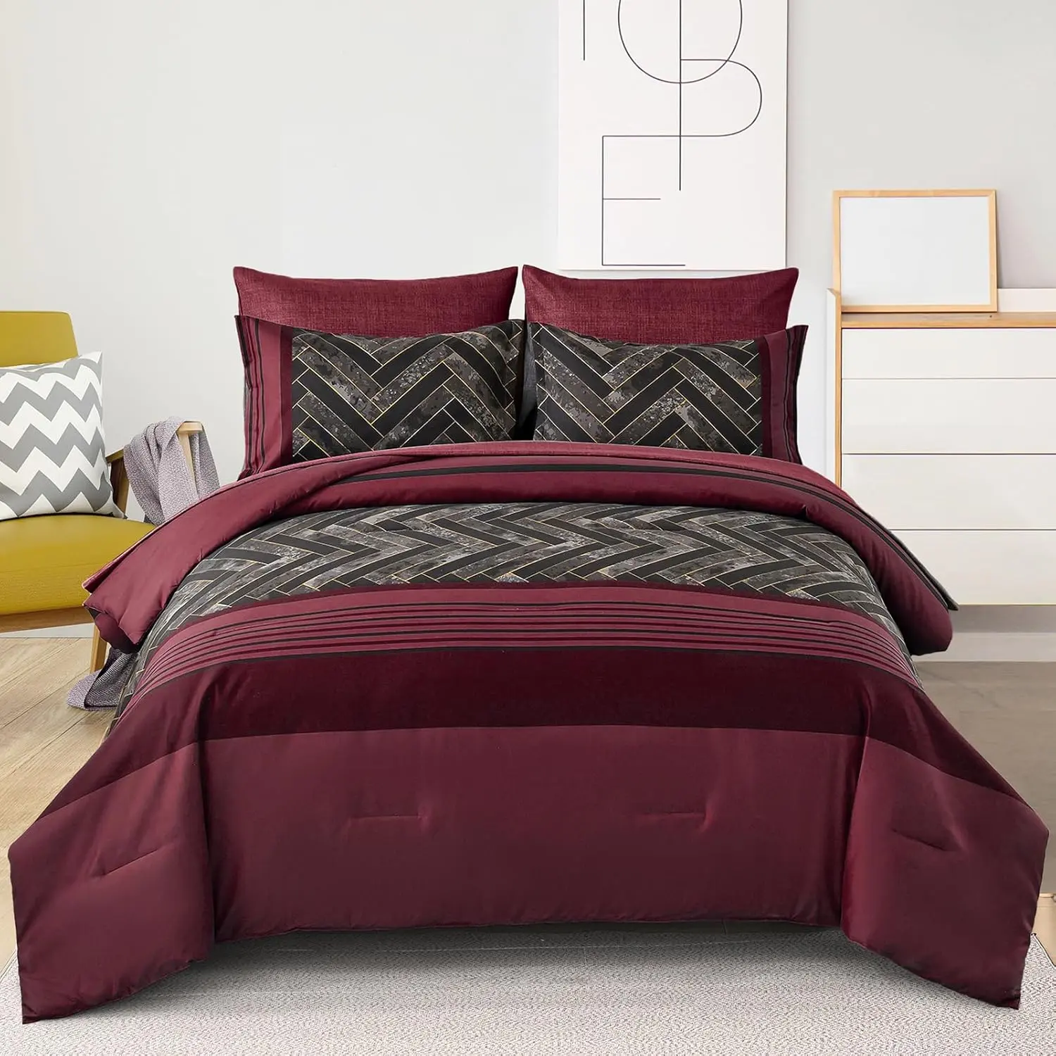 Burgundy Comforter Set  Size 7 count Red and Black Stripe Bed in a Bag Geometric Comforter and Sheet Set, Soft Microfiber Complete Bedding Sets for All Seasons