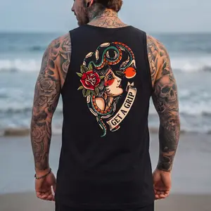 Ver2 Get A Grip Print Tank Top- Tattoo Street Wear Casual Cotton Shirt, Unisex, Minimalist Style, Trending for Men & Women