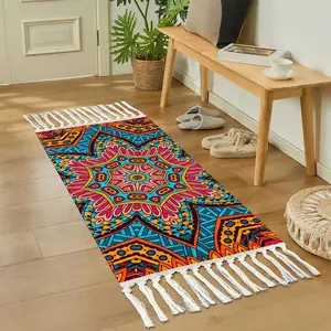 Boho Mandala Pattern Fringe Rug, Non-Slip Long Runner Mat, 0.8cm Thickness, Premium Faux Wool Material, Ideal for Hallway & Kitchen