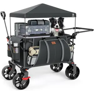Folding Push Wagon with Canopy, Portable Shopping Cart with Brakes, Collapsible Wagon Cart with -Terrain Big Wheels for Camping, Beach,