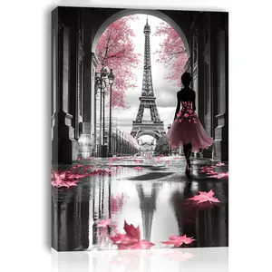 1 Piece Wooden Frame Canvas Painting, Pink Lady Under the Eiffel Tower in Paris, Living Room & Bedroom & Kitchen Wall Art Print, Cityscape Print, Home, Office Decoration, Christmas Gift, 29.97cm * 39.88cm cm, Perfect for Room Decoration