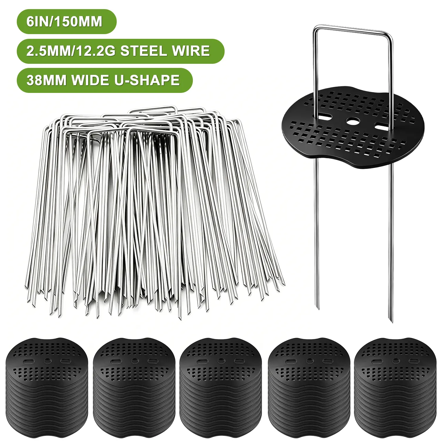 Anti-Tear Washer Landscape Staples 6 Inch Galvanized U Pins, 50 Stakes & 50 Plastic Washers, Fast Repair Fix Curling Turf & Weed Mat, Durable Stakes for Lawn Yard Vegetable Garden Maintenance
