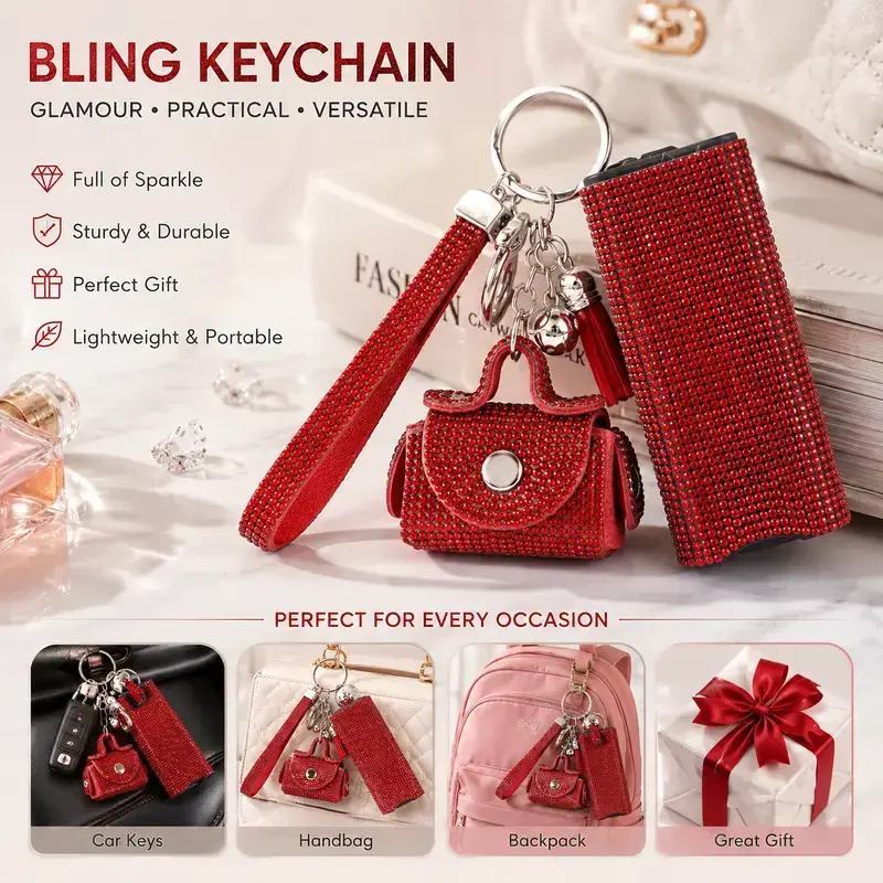 Women's Bling Rhinestone PU Leather Keychain Set - Cute Keychain Accessory, Kawaii Keyring Accessory, Sparkling Organizer Holder, Auspicious Female Set Gift for Home Entryway Hanging Decor