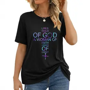 Women's Christian Faith T-Shirt - "I Am a of God, A Woman of Faith, A Warrior of Christ" Inspirational Short Sleeve Round Neck Casual Tee with Geometric Print, Machine Washable