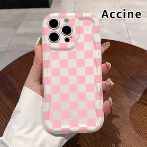 Cream Pink Checkered Charm Pattern Curly Wave Frame Phone Case for iPhone 16 15 14 Pro Max 13 12 11 XR XS Plus Shockproof Drop Protection Rugged Durable Silicone Cover Cellphone Casing