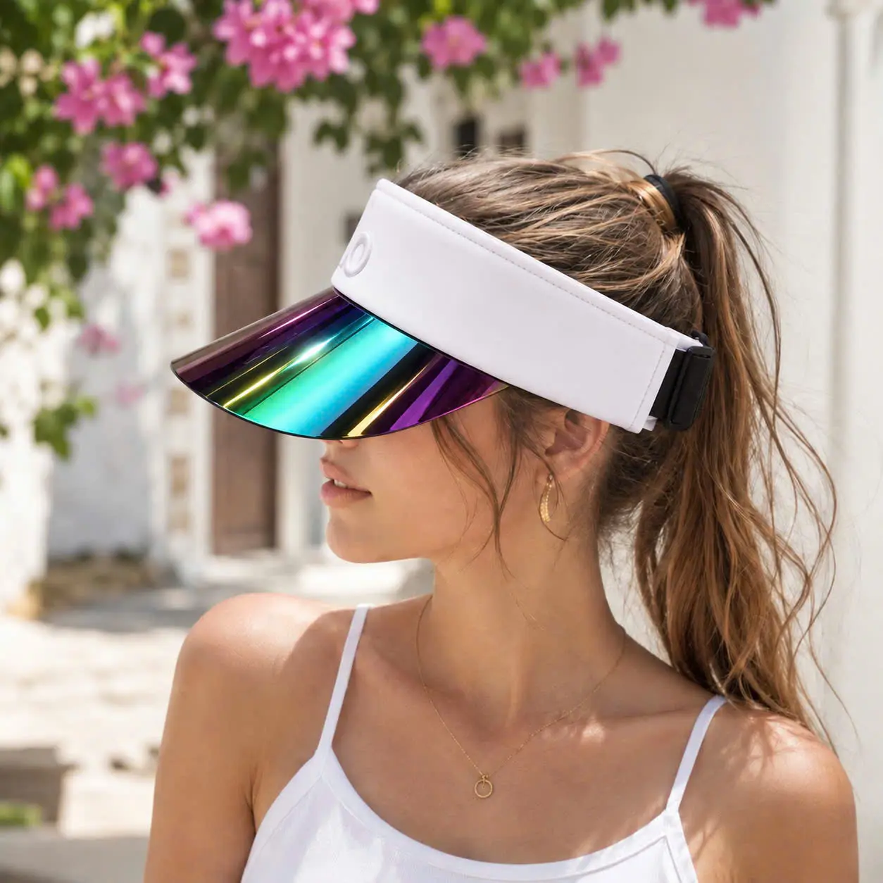 Rainbow Visor for Women - White Visor with Rainbow Brim, Ideal for Summer Outdoor Activities, Lightweight and Comfortable Design