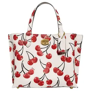 COACH Willow 24 Cherry Print Detachable Strap Leather Tote Bag for Women, Pink and White