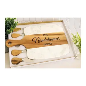 Personalized Engraved Marble & Acacia Wood Charcuterie Board Set with Cheese Knives