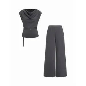 Cider Cowl Neck Belted Top & Mid Rise Wide Leg Trousers Set
