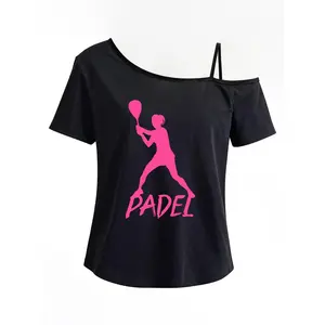 Womens Asymmetrical One Shoulder Strap Short Sleeve Tee Off The Shoulder Top Black Graphic Padel Player Sporty Streetwear Summer Going Out