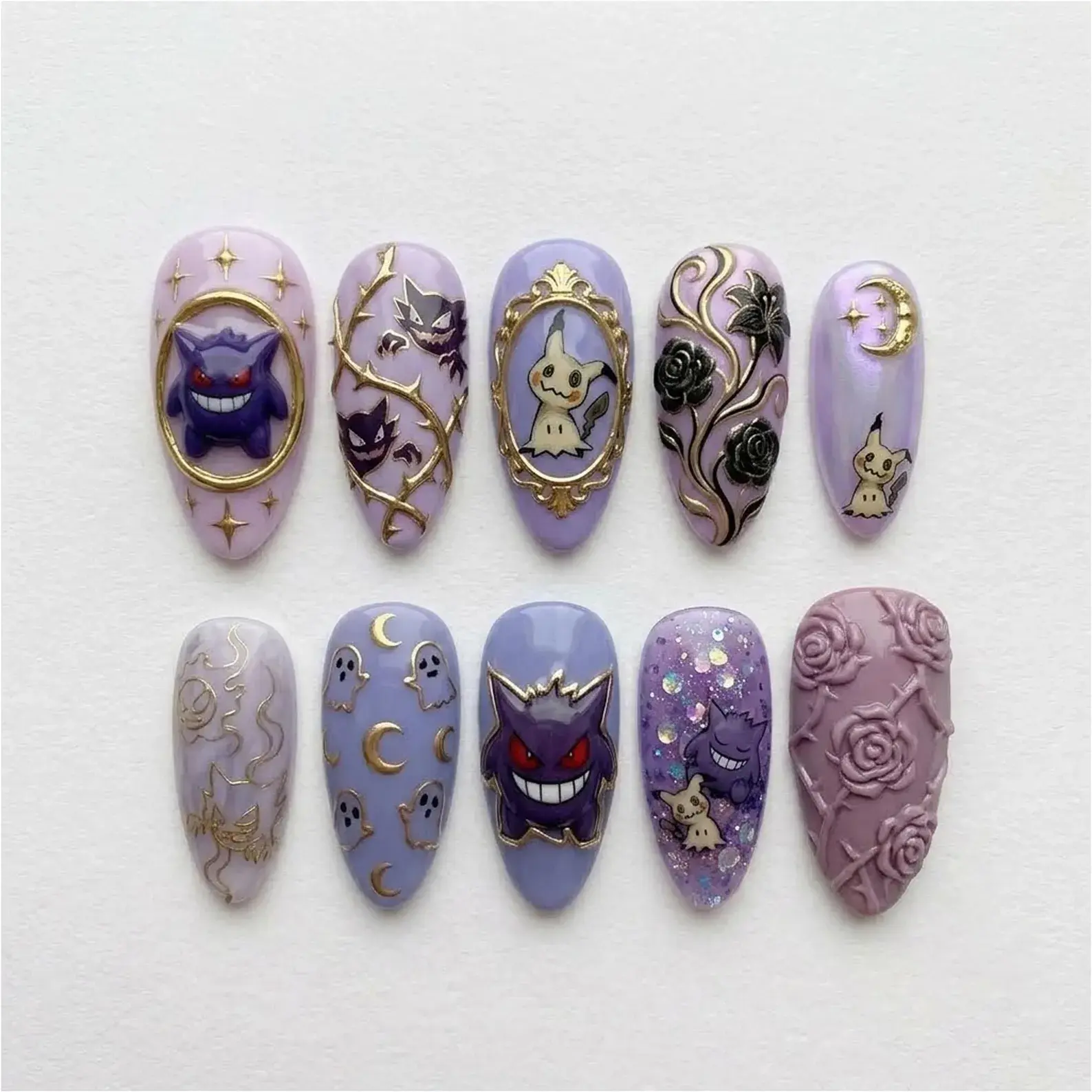 Handmade Ghost Kawaii Press On Nails | Luxury Cute Monster & Gothic Rose Art | Pastel Purple Custom Nails Set