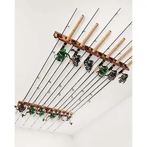 Holds up to 12 fishing rods; wall- or ceiling-mounted rod racks/holders for garage storage; organizer for fishing gear equipment; gifts for men and women