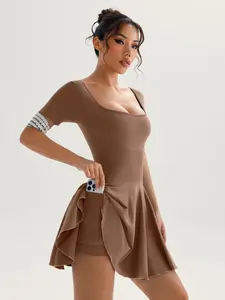 Women's Solid Square Neck Sports Dress Inner Pocket, Casual Sporty Short Sleeve Skorts Dress for Daily Outdoor Sport, Ladies Sportwear for All Seasons, Womenswear, Tennis Athletic Dress, Tennis Attire