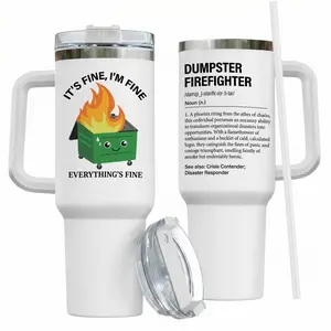 Funny Dumpster Fire 40oz Tumbler with Handle and Straw - It's Fine I'm Fine Everything's Fine Sarcastic Gift - Insulated Travel Mug for Nurses, Teachers, Coworkers - Dumpster Firefighter Definition