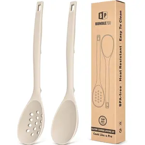 Pack of 2 Silicone Cooking Spoons Non Stick Solid Kitchen Spoon with Measuring Marks & Back Hooks Heat Resistant Silicone Slotted Spoon for Cooking Mixing Stirring Serving Khaki
