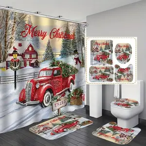 Christmas-themed bathroom decorations, 4-piece set, including shower curtain, toilet U-shaped mat, bathroom floor mat, and toilet lid cover, bathroom accessories, Shower Curtain Sets