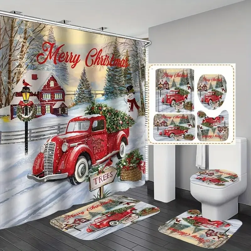 Christmas-themed bathroom decorations, 4-piece set, including shower curtain, toilet U-shaped mat, bathroom floor mat, and toilet lid cover, bathroom accessories, Shower Curtain Sets, Shower Curtain Set For Bathroom