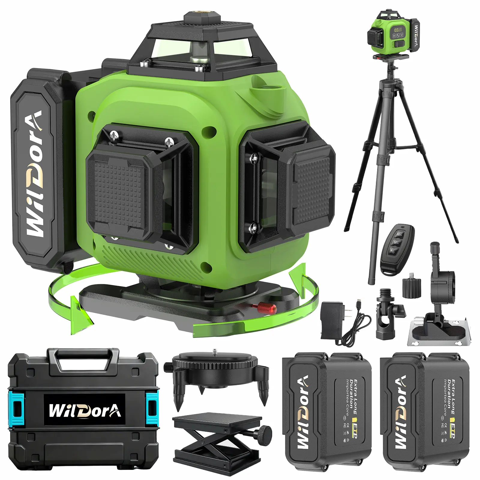 Laser Level Kit with Tripod, 4x360° Self Leveling +4° Laser Level,Remote Control 4D Green 16 Line Laser Leveler Tool forWoodworking&Renovation, with 2x4800mAh Li-ionBatteries&Hard Carry Case