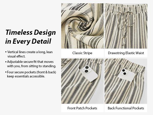 GRAPENT Women's Linen-Cotton Blend Wide Leg Striped High-Waisted Pull-On Elastic Drawcord Pants, Casual Wear for Summer Beach Vacation