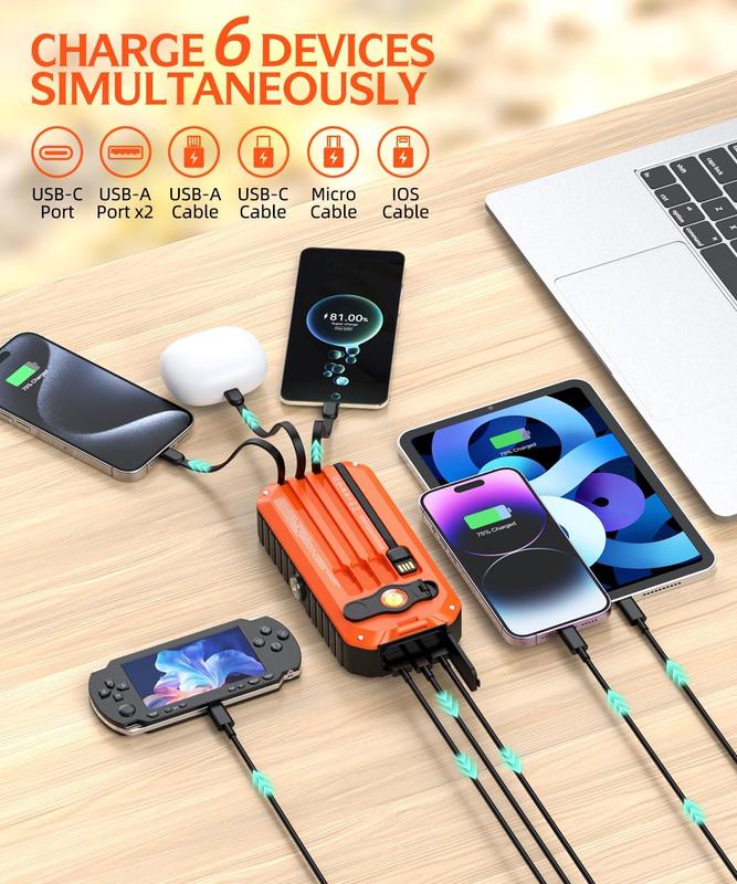 40000mAh Solar Power Bank with Hand Crank, Built-in 4 Wires, Compass & Level, PD20W Fast Charging, LED Flashlight - Portable Emergency Charger for Camping, Hiking, Travel & Outdoor Activities