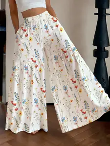 European Style Floral Print Wide Leg Pants, High Waist Elastic Waist Flowy Casual Long Pants, Suitable for Vacation and Commute