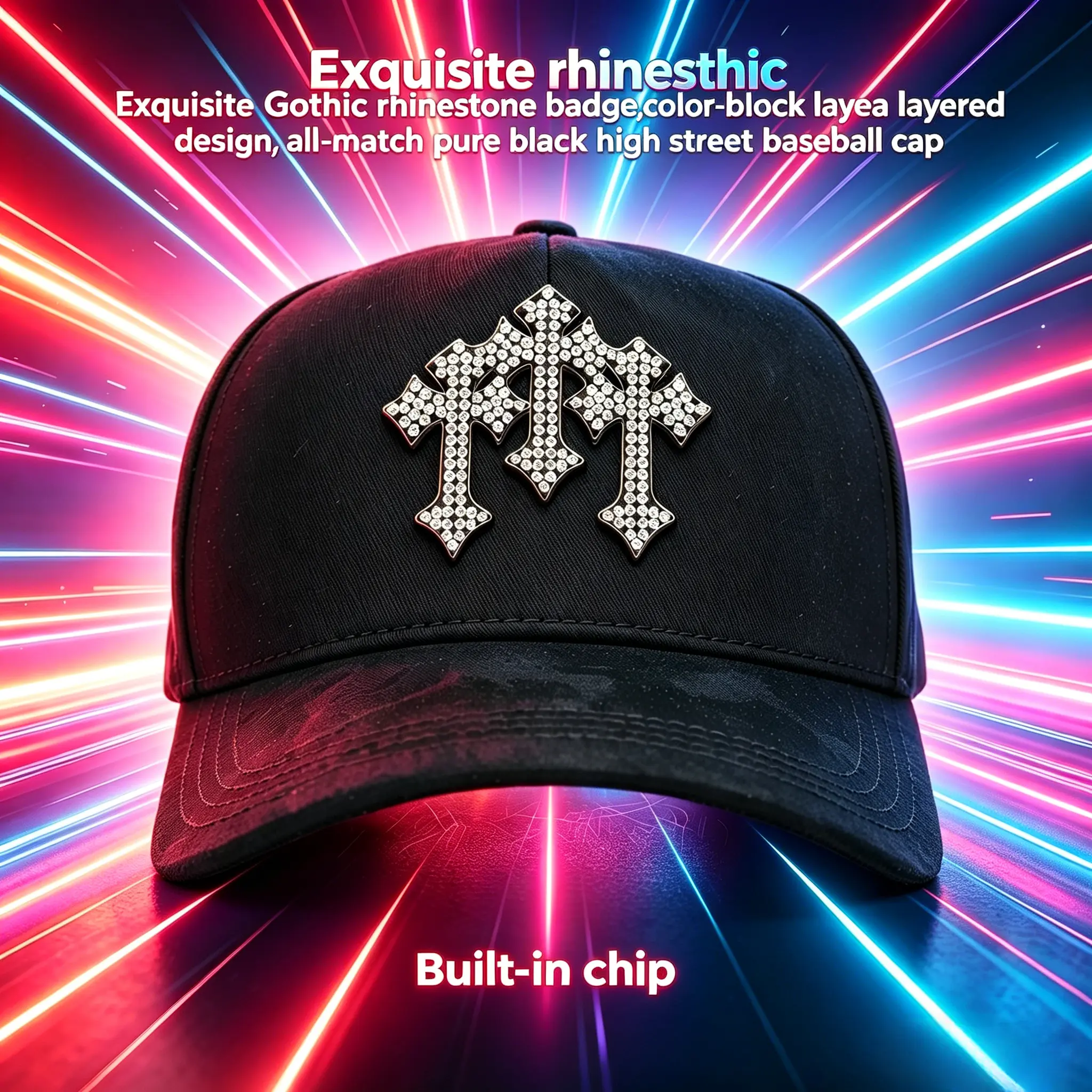 Gothic Cross Full-Rhinestone Trendy Baseball Cap, Gender-Neutral Festive Party Hats, Adjustable Black Urban Streetwear Hip-Hop Hat with Built-in Chip, Valentine's Day Gift, Gender-Neutral Party Hats