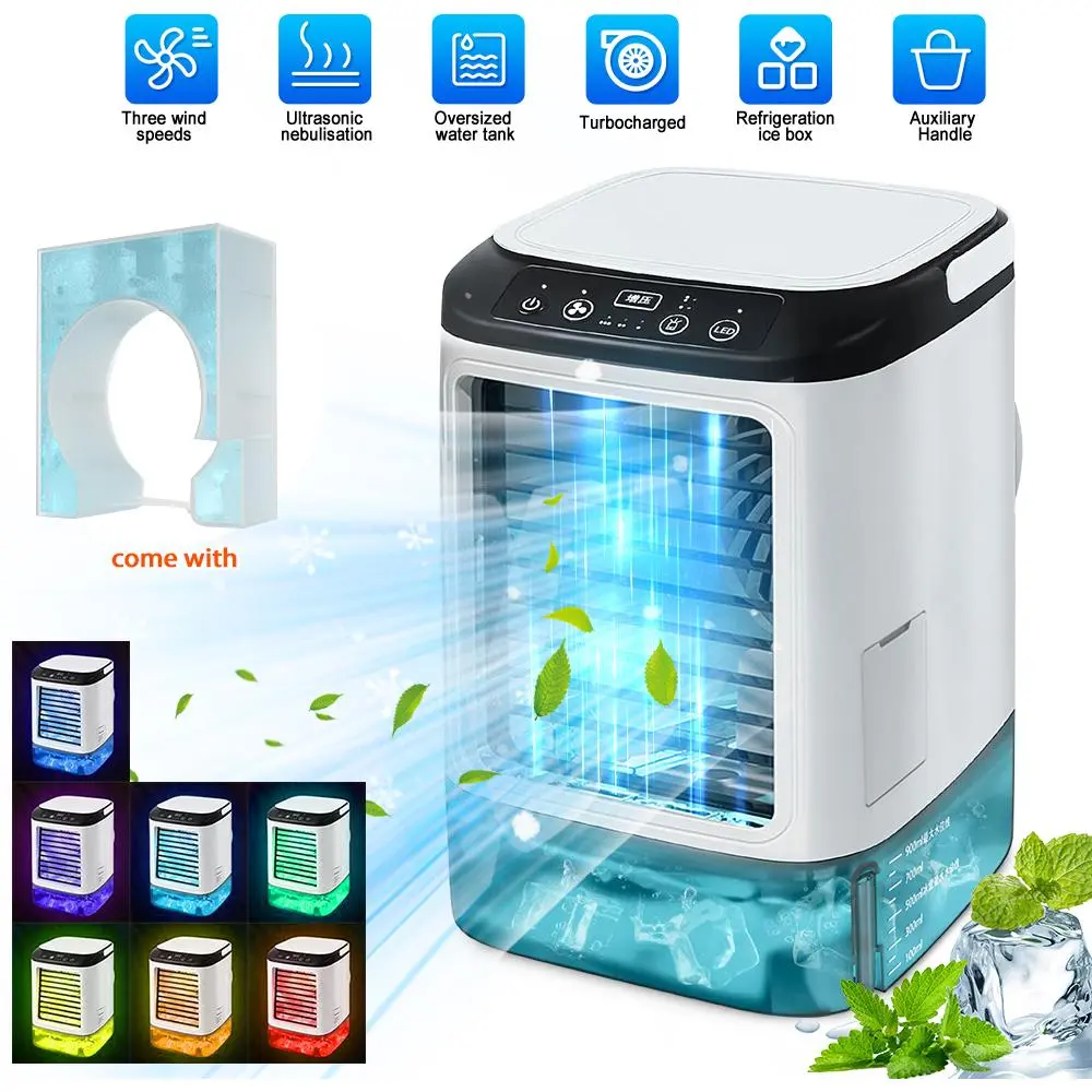 【BackToSchool】4-in-1 Portable Air Cooler with DC Motor - Cooling Fan, Mini Fan, 900ml Tank, 3 Cool Mist Settings & Speeds, 7 Night Lights for Room, Camping, Portable Fan