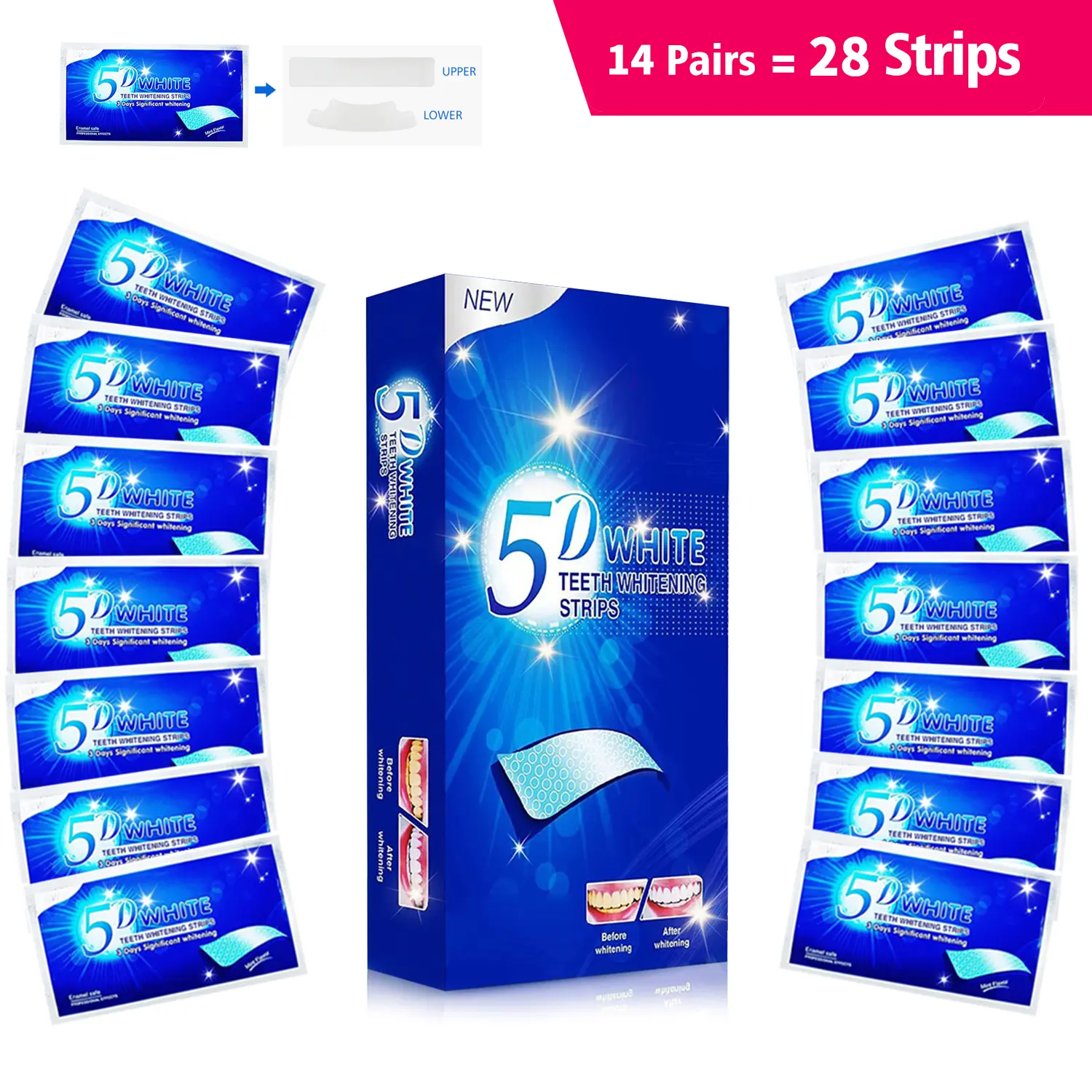 5D White Teeth Whitening Strips for Sensitive Teeth, Oral Health Brightening Treatment for Pearly Whites, Removes Tough Stains, Multi-Pack (14, 28, or 42 Strips)