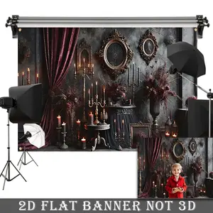 2D Flat Banner, 1pc Gothic Party Backdrop - Elegant Dark Gothic Victorian Mansion Photo Booth Background with Burgundy Floral design, For Halloween, Horror Parties, Wedding Decor - Luxury Gothic Decoration Banner, Goth Decor, Polyester