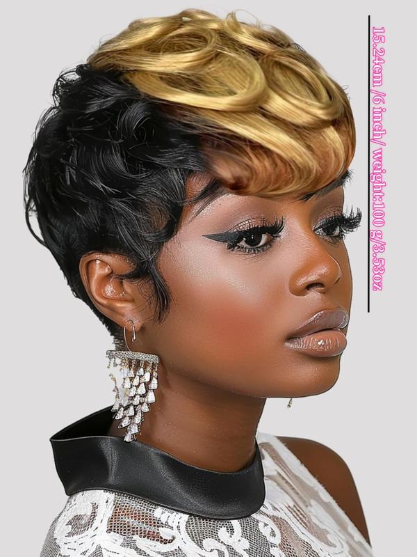 Short Pixie Wigs for Women, Wavy Synthetic Short Hair Wig with Bangs, Curly Pixie Wig for All Seasons, Glueless Bangs Wig