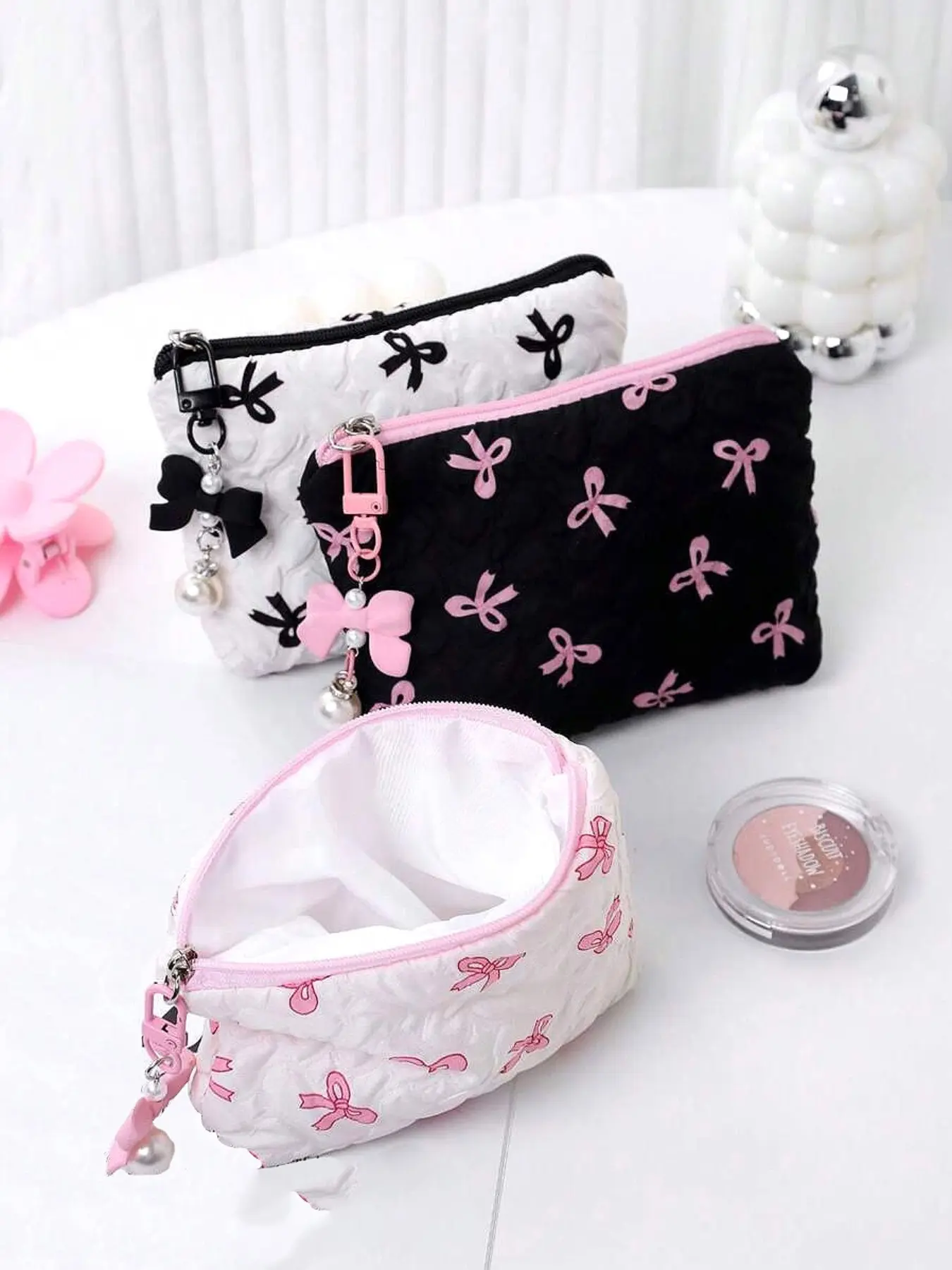 Women's Cosmetic Bag with Bow Pearl Pendant, Textured Contrast Color Design, Cute Handheld Storage Purse for Makeup & Accessories, Makeup Organizer Pouch, Cosmetics Organizer