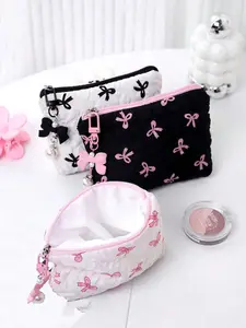 Women's Cosmetic Bag with Bow Pearl Pendant, Textured Contrast Color Design, Cute Handheld Storage Purse for Makeup & Accessories, Makeup Organizer Pouch