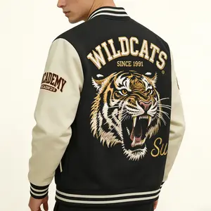 【Faux embroidery】2026 Men's Baseball Jacket Colorblock Tiger Graphic Fleece Varsity Coat, Classic Fit, Retro Vintage Thickened Streetwear Casual Sports Jacket, Trendy Fashion OOTD New Arrival, Gift for Him, Holiday Present Menswear Knit Fitted Tops