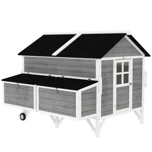 PawHut 59" Wooden Chicken Coop with Wheels and Handles, Mobile Chicken House with 2 Nesting Boxes, 2 Trays, 4 Perches, Chicken Tractor for 4-6 Chickens, Small Animals, Rabbit Hutch for Backyard, Gray